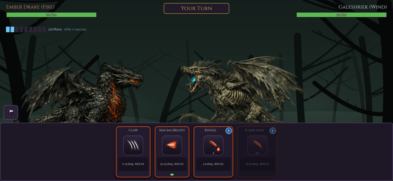 A turn-based battle: Ember Drake faces Galeshriek in Blackbriar Woods
