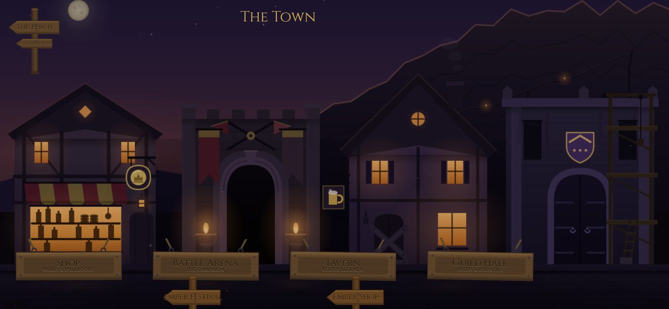 The Town: Shop, Battle Arena, Tavern and Guild Hall